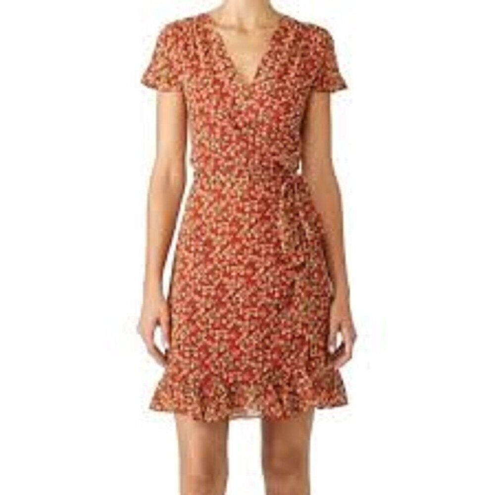 Rebecca Minkoff Red Floral Short Sleeve Ruffled Hem Wrap Dress Women's size S